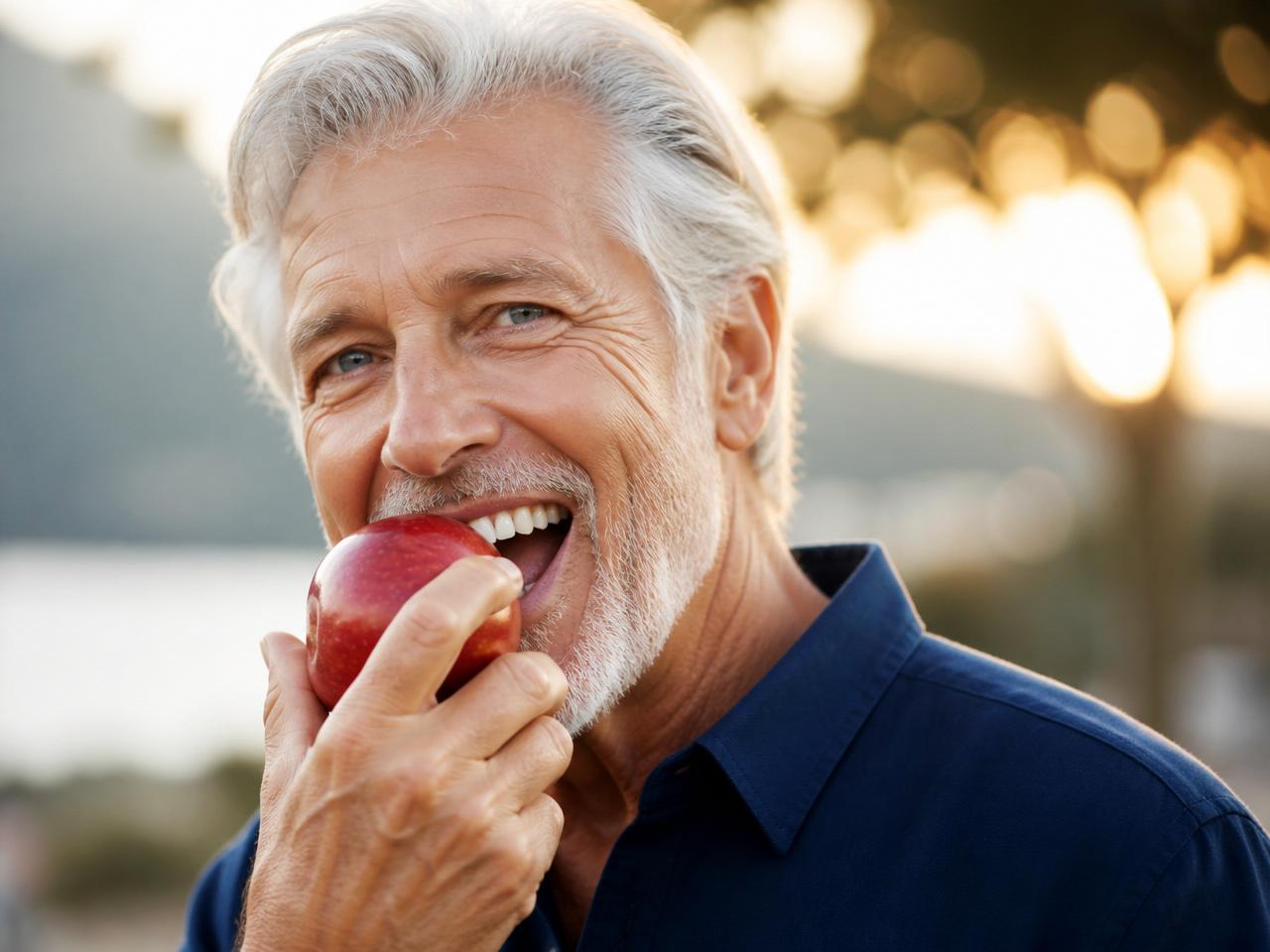 Happy LOCATOR FIXED patient biting into an apple — AVF Dental Group, Aliso Viejo