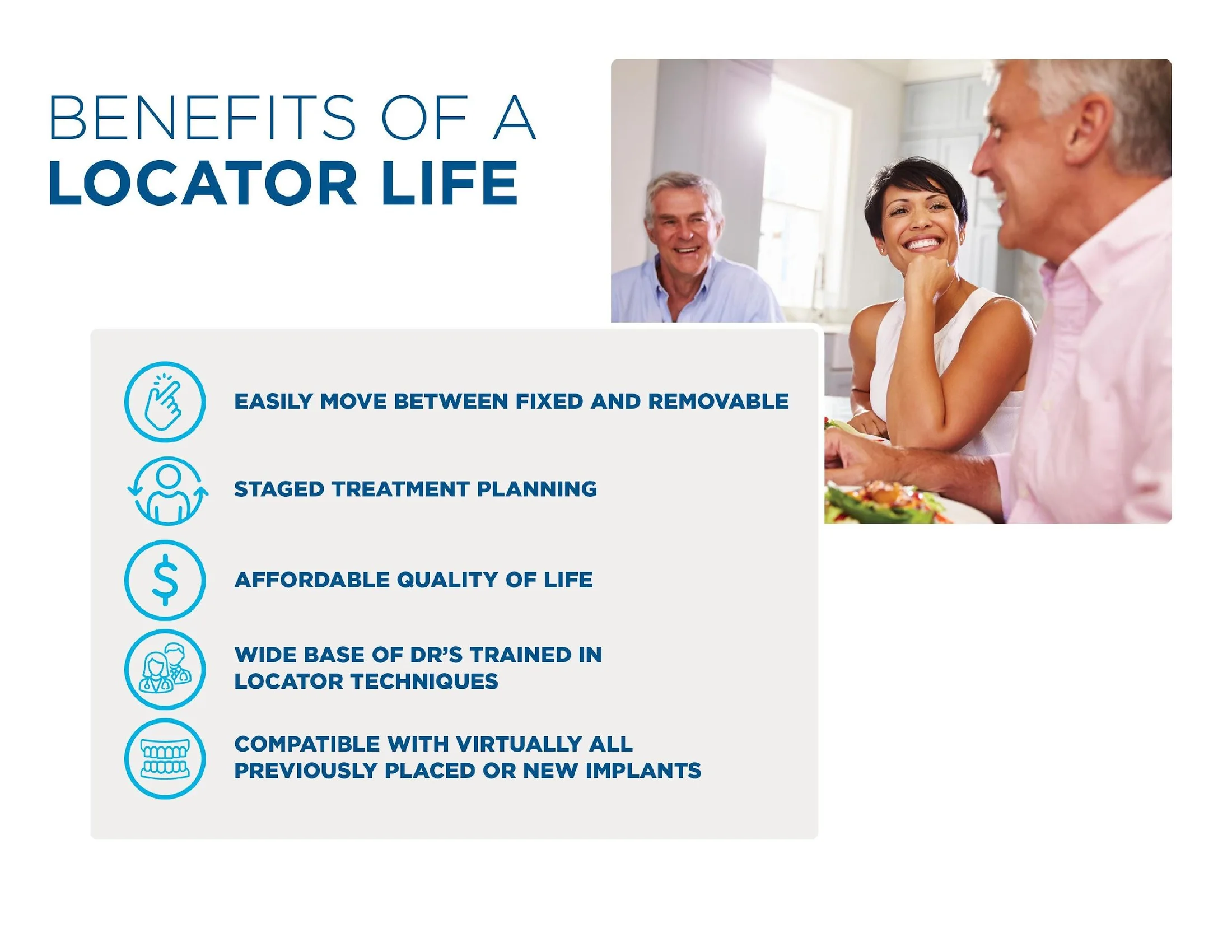 Friends laughing and eating together — life with LOCATOR FIXED teeth