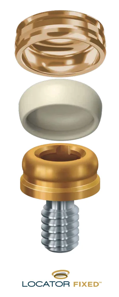 Exploded view of the LOCATOR FIXED attachment: housing, retention insert, and abutment